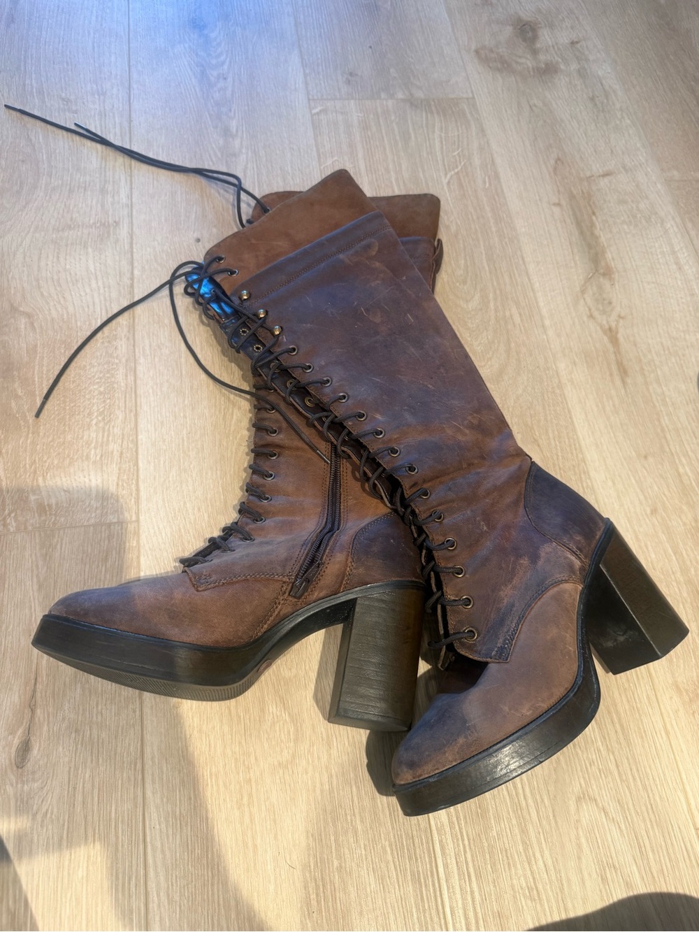 Brown Lace-Up Platform Heel Boots - Women
